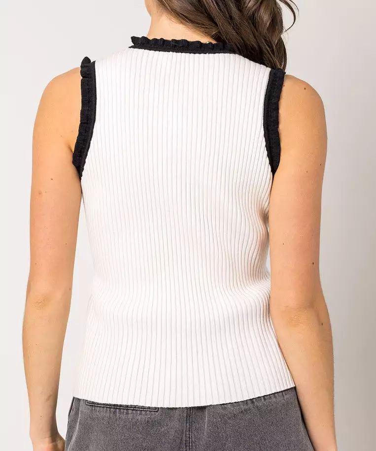 Ruffle Detail Sleeveless Sweater Top - White/Black