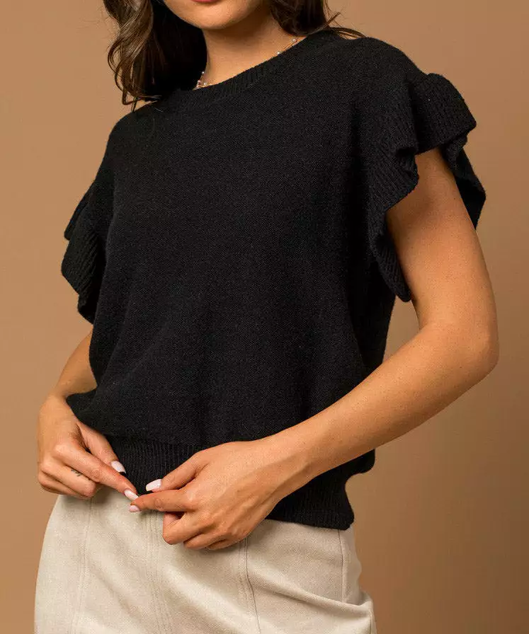 Ruffle Sleeve Knit Top - Black - FINAL SALE