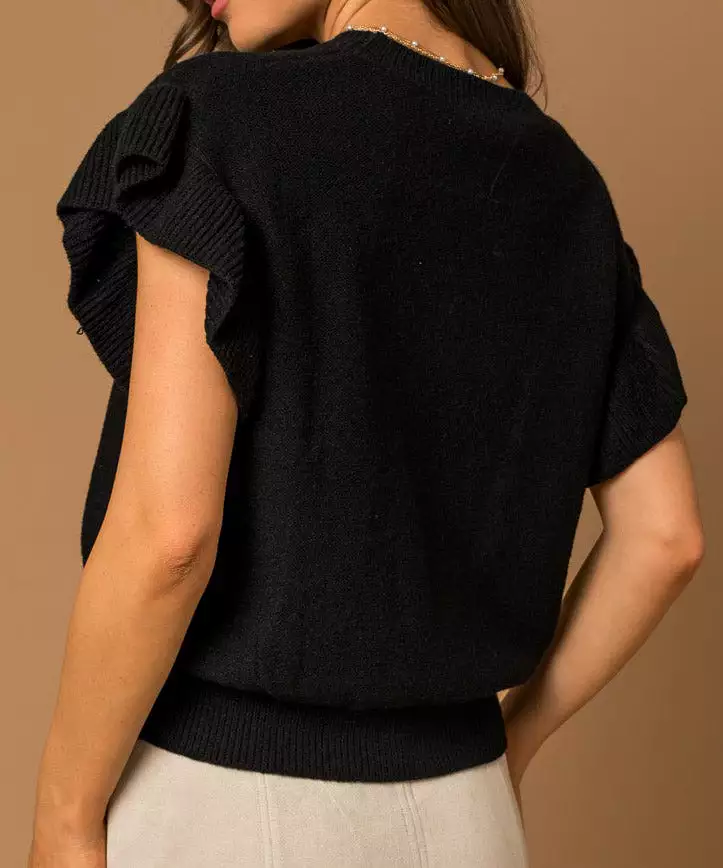 Ruffle Sleeve Knit Top - Black - FINAL SALE