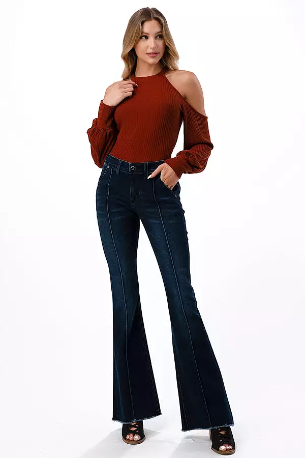 Seam Center Basic Recycle & Lycra Fabric  Mid Rise Flare Jeans