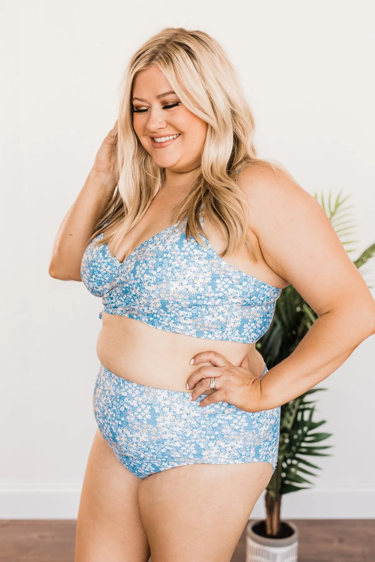 Seaside Serenity Floral Wrap Swim Top- Blue