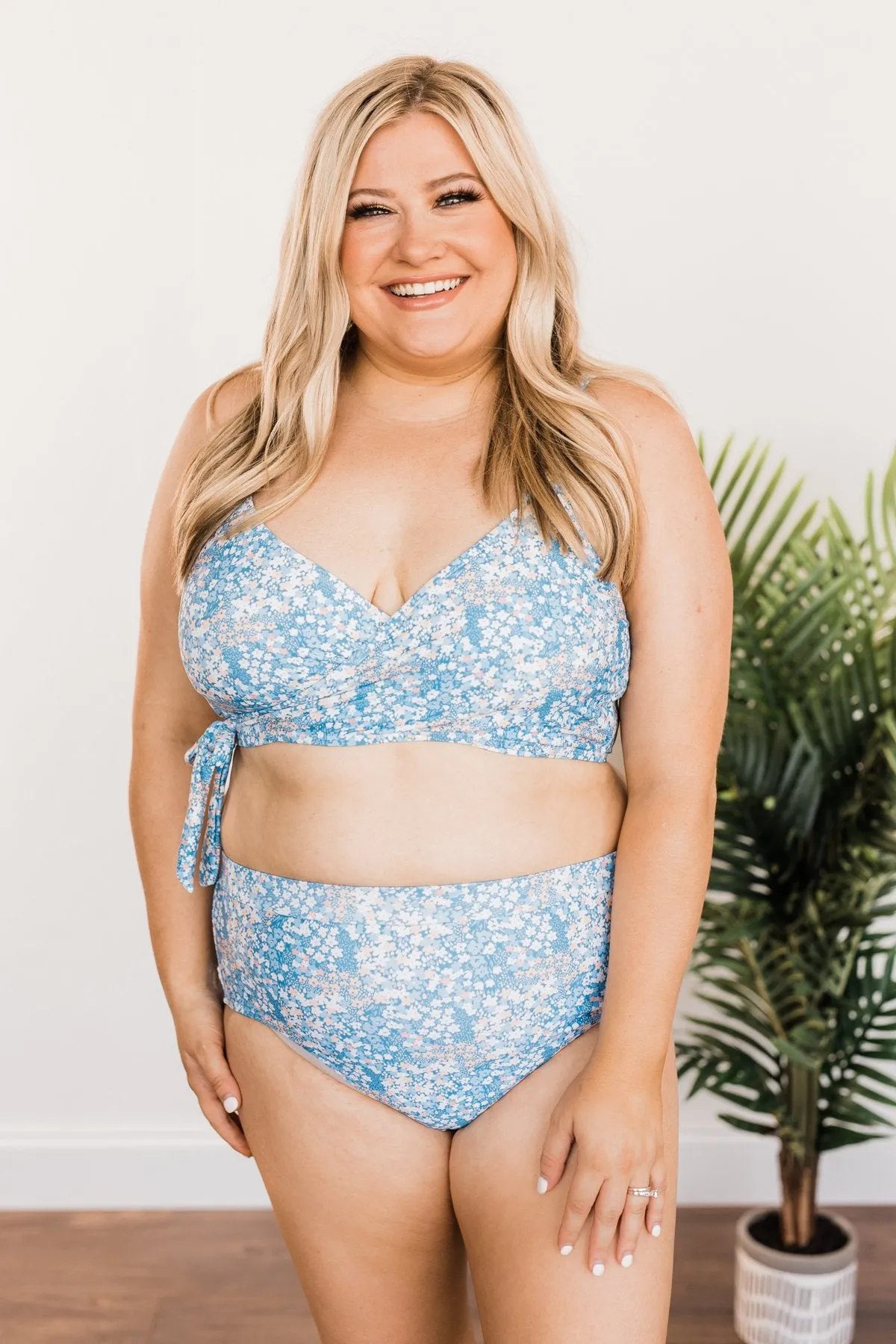 Seaside Serenity Floral Wrap Swim Top- Blue