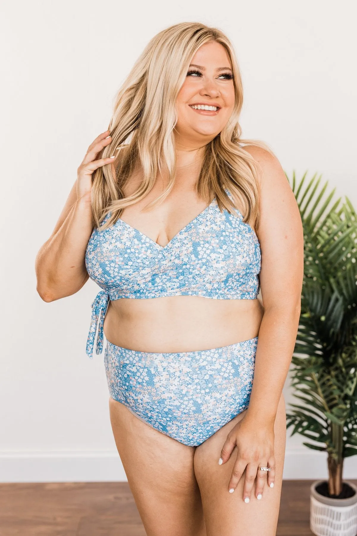 Seaside Serenity Floral Wrap Swim Top- Blue