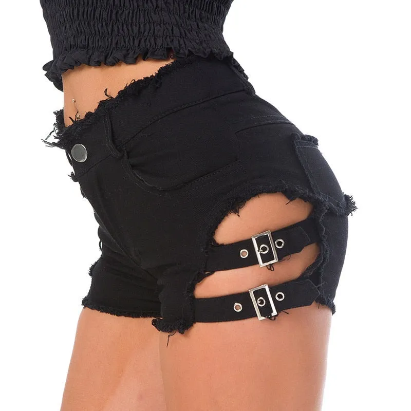 Sexy Women's Denim High Waist Hole Bandage Nightclub Dance Shorts