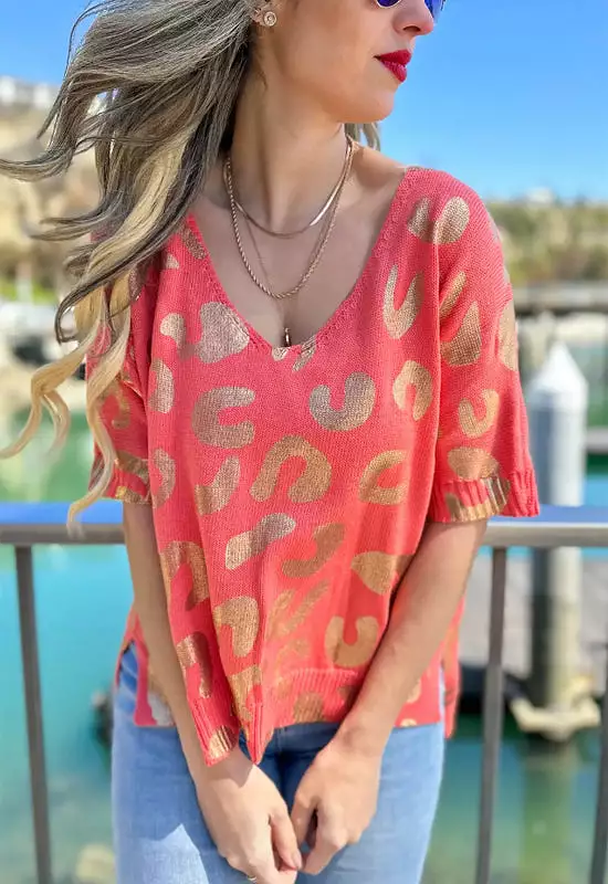 Sleeved V-Neck Knit Top - Coral