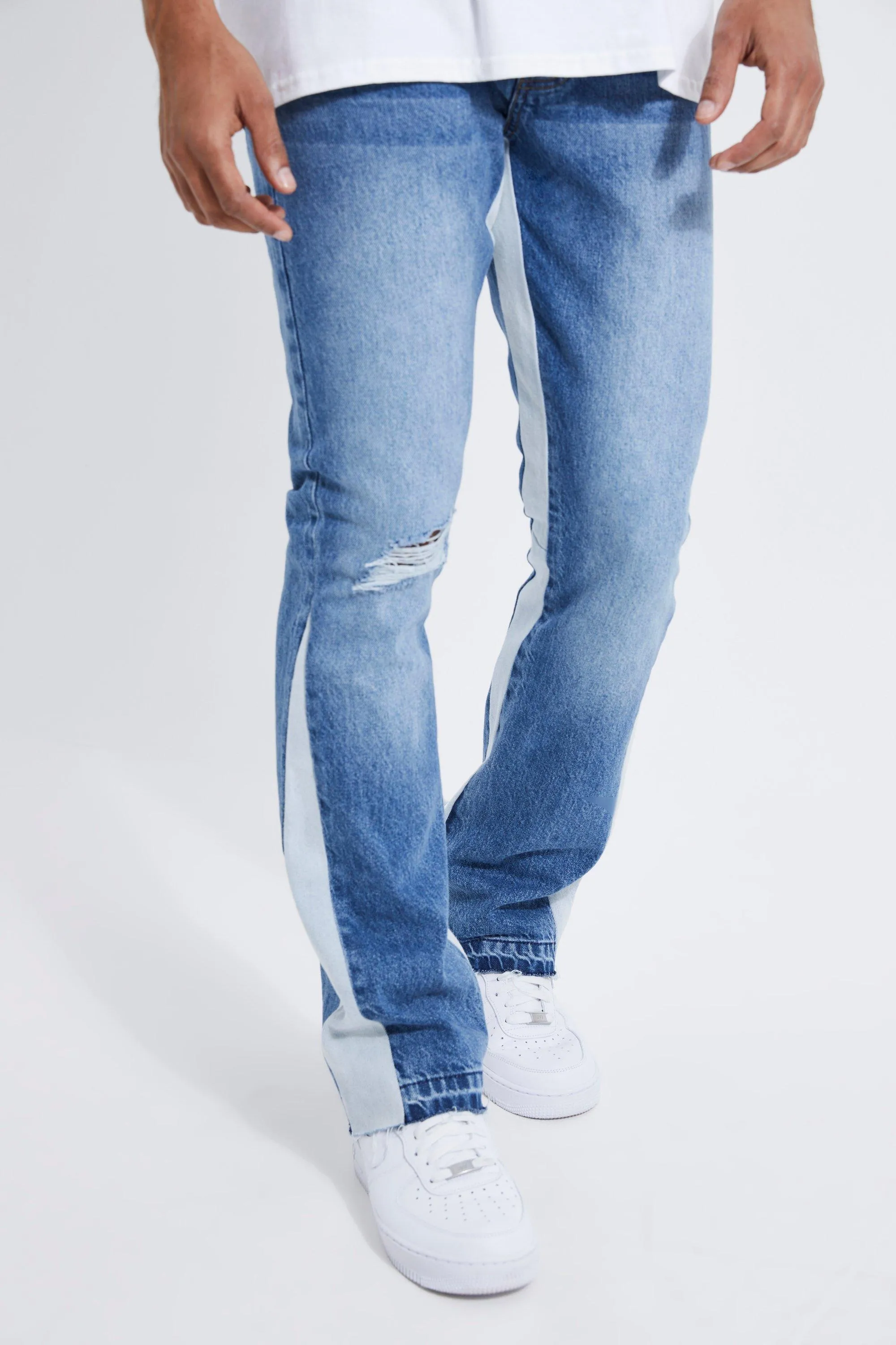 Slim Flare Contrast Gusset Detail Jeans | boohooMAN UK