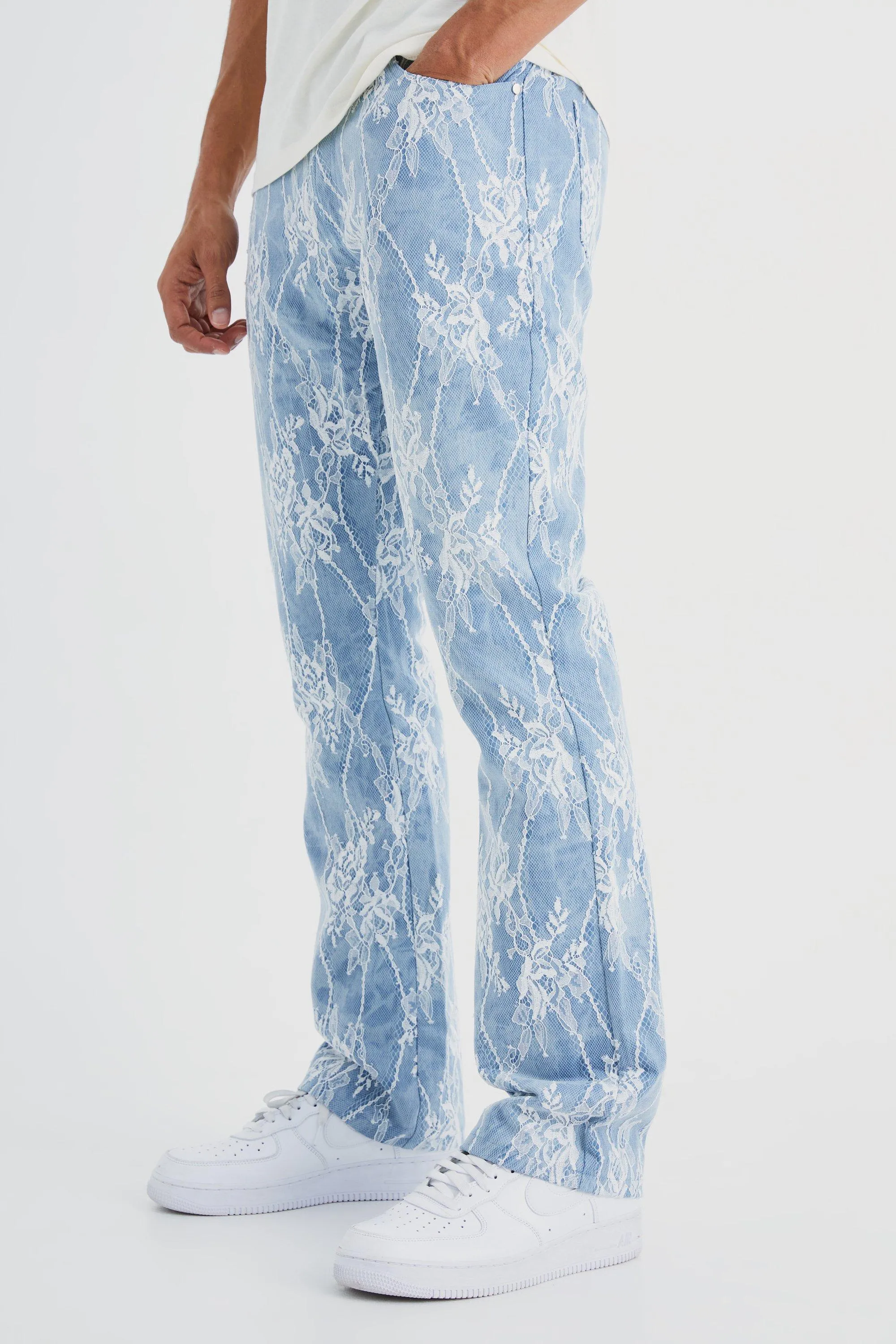 Slim Rigid Flare Lace Overlay Jeans | boohooMAN UK