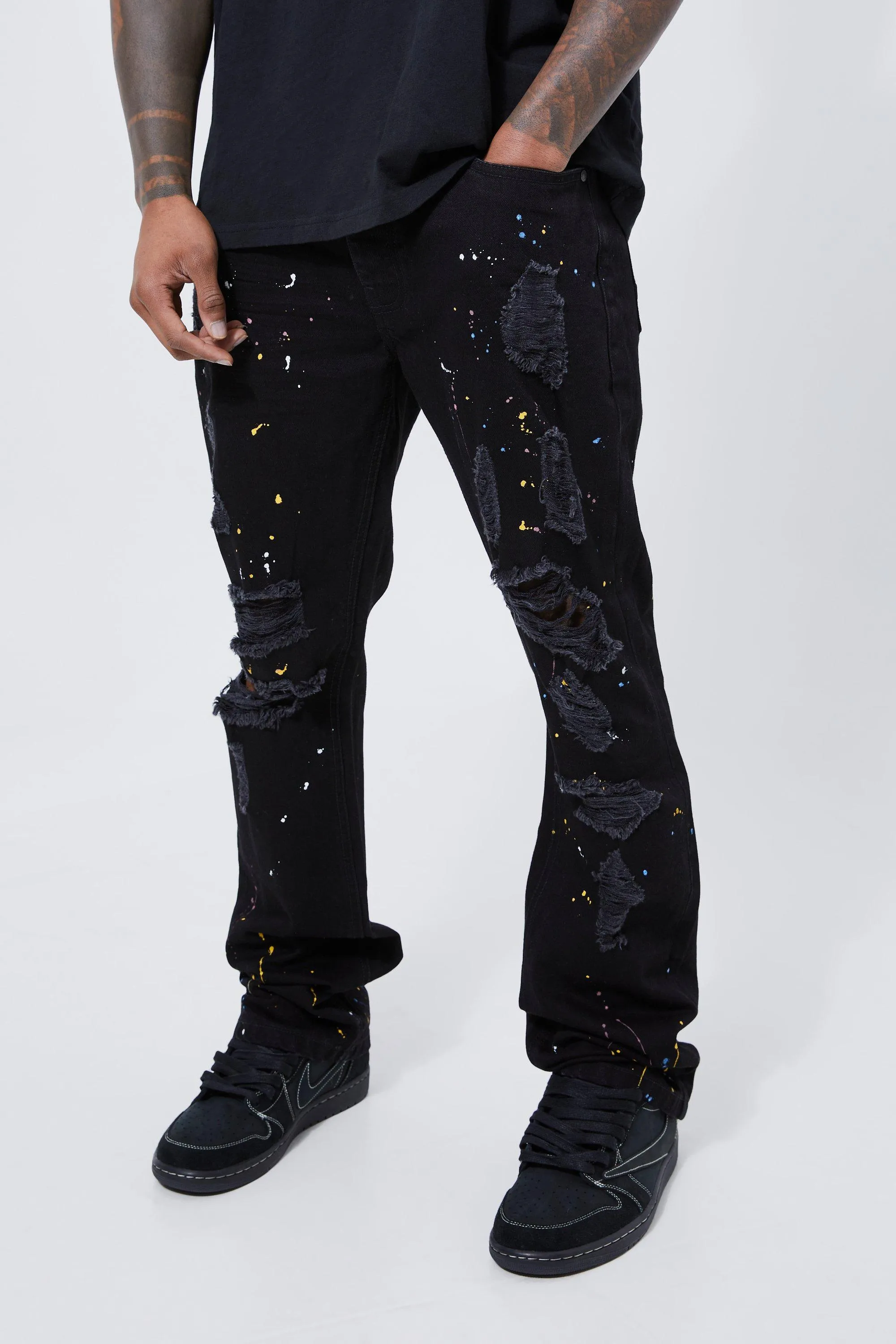 Slim Rigid Flare Paint Splatter Jeans | boohooMAN UK