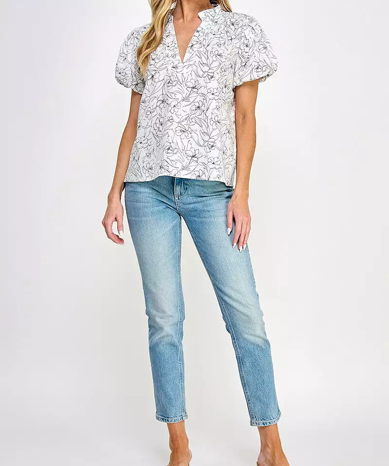 Split Neck Puff Sleeve Floral Top - Off White/Black