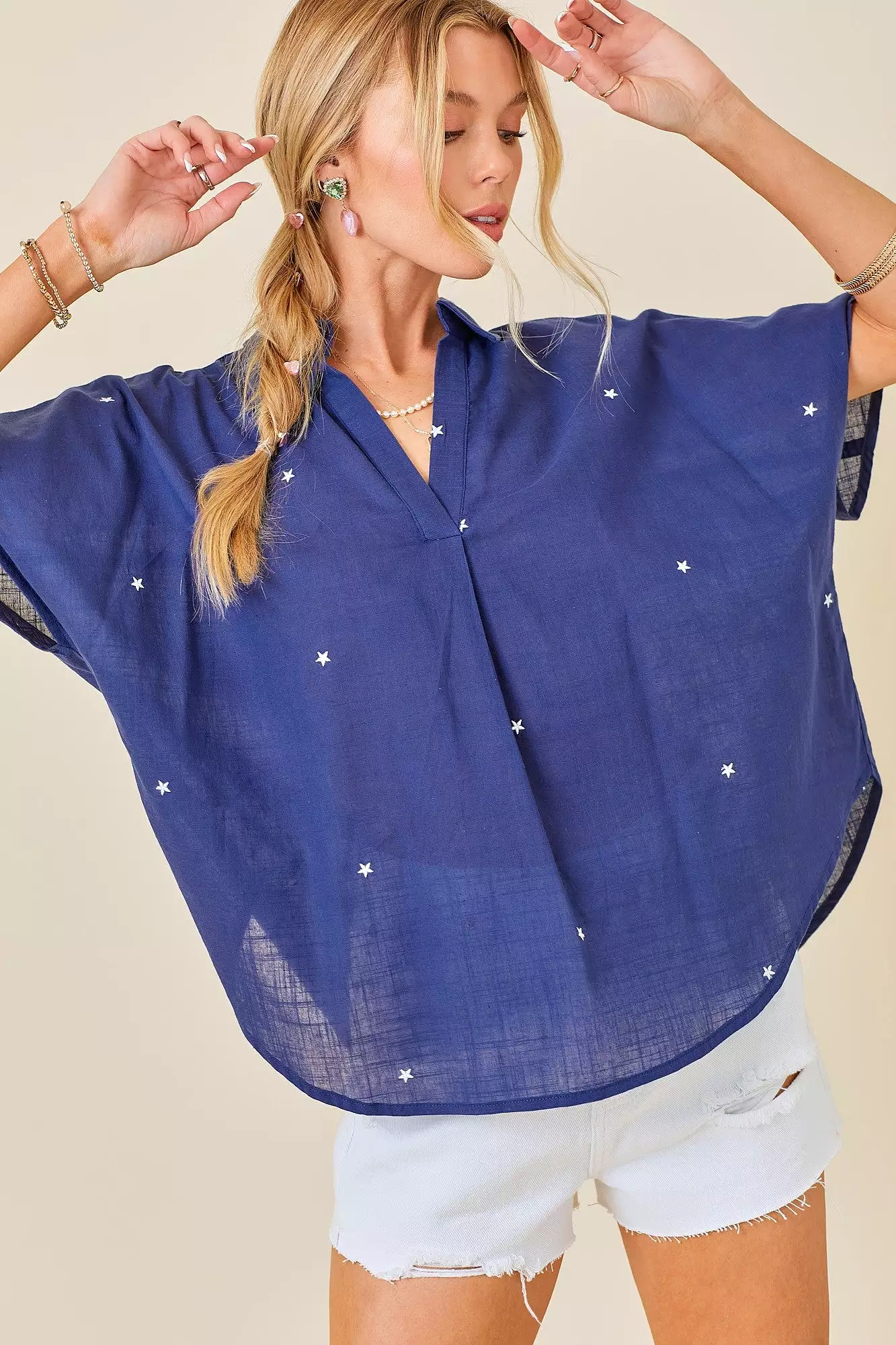 Star Embroidered V-Neck Easy Blouse