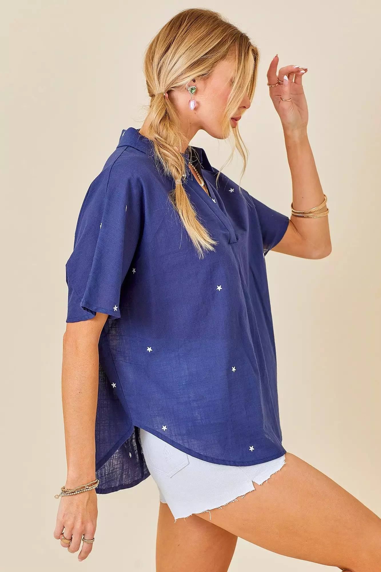 Star Embroidered V-Neck Easy Blouse