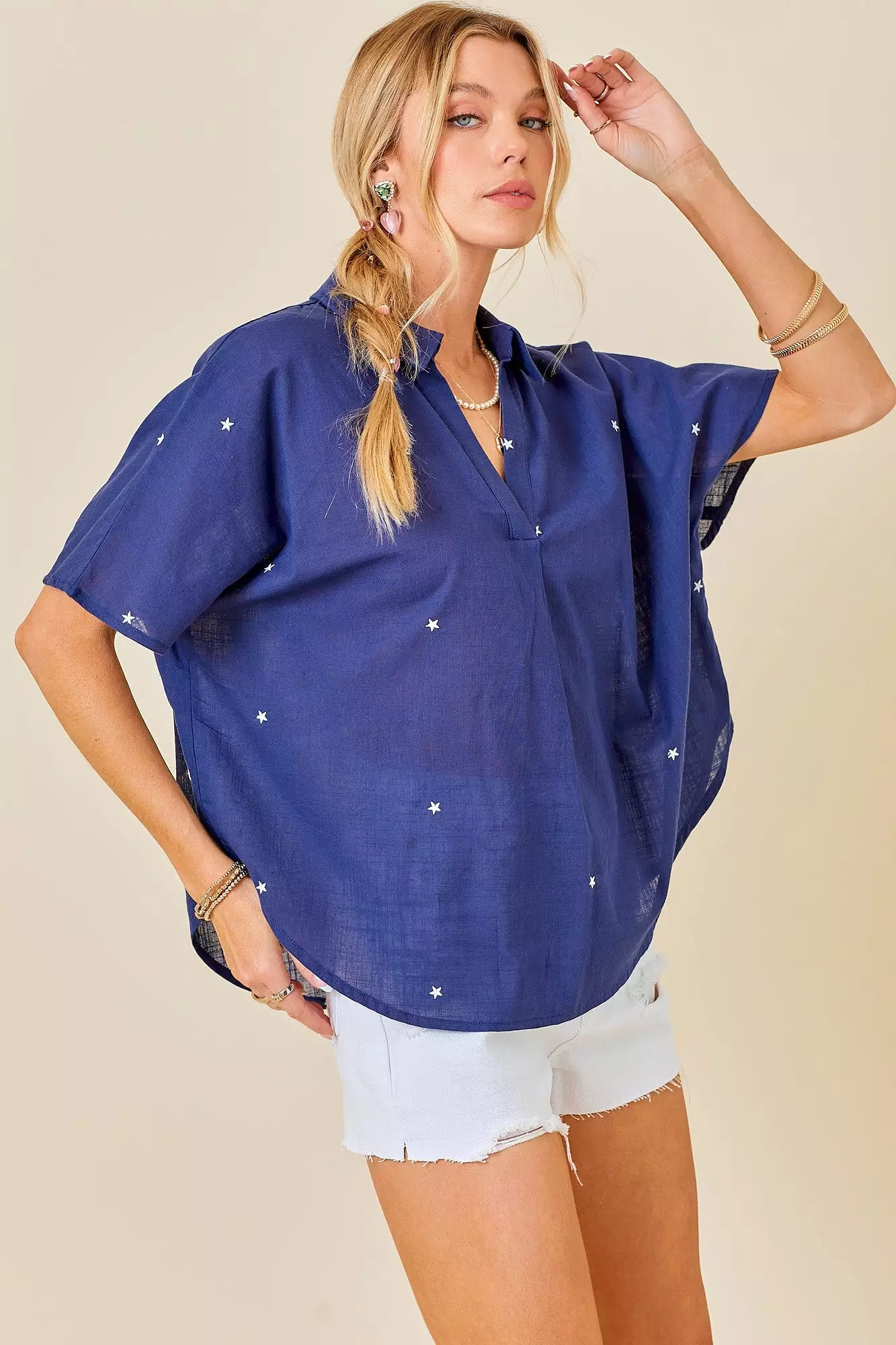 Star Embroidered V-Neck Easy Blouse