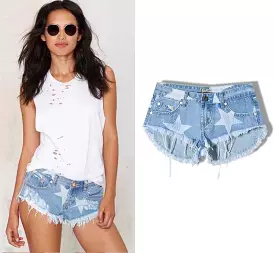 Star Print Tassel Denim Shorts