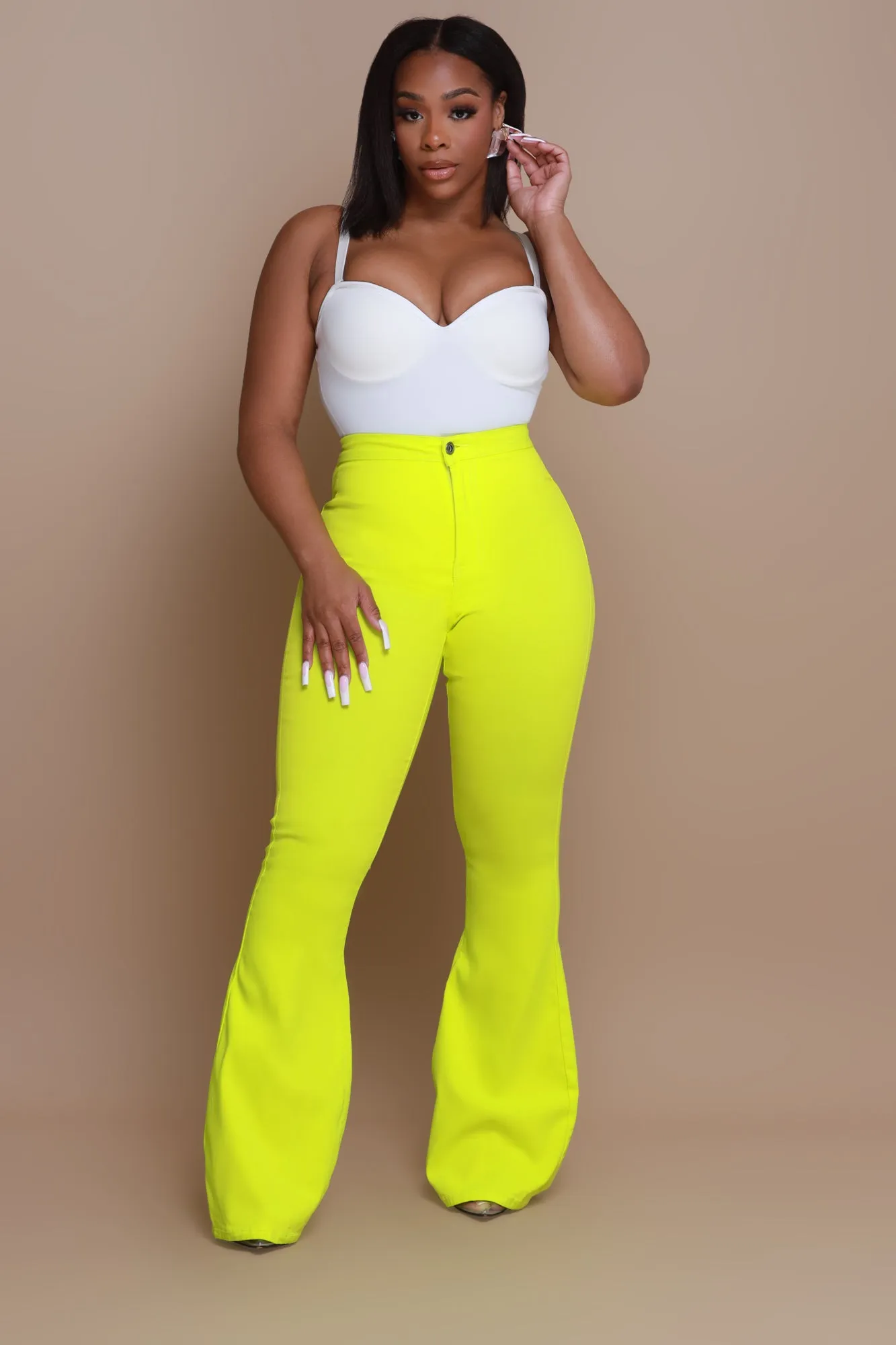 Super Swank High Rise Flare Stretchy Jeans - Neon Yellow