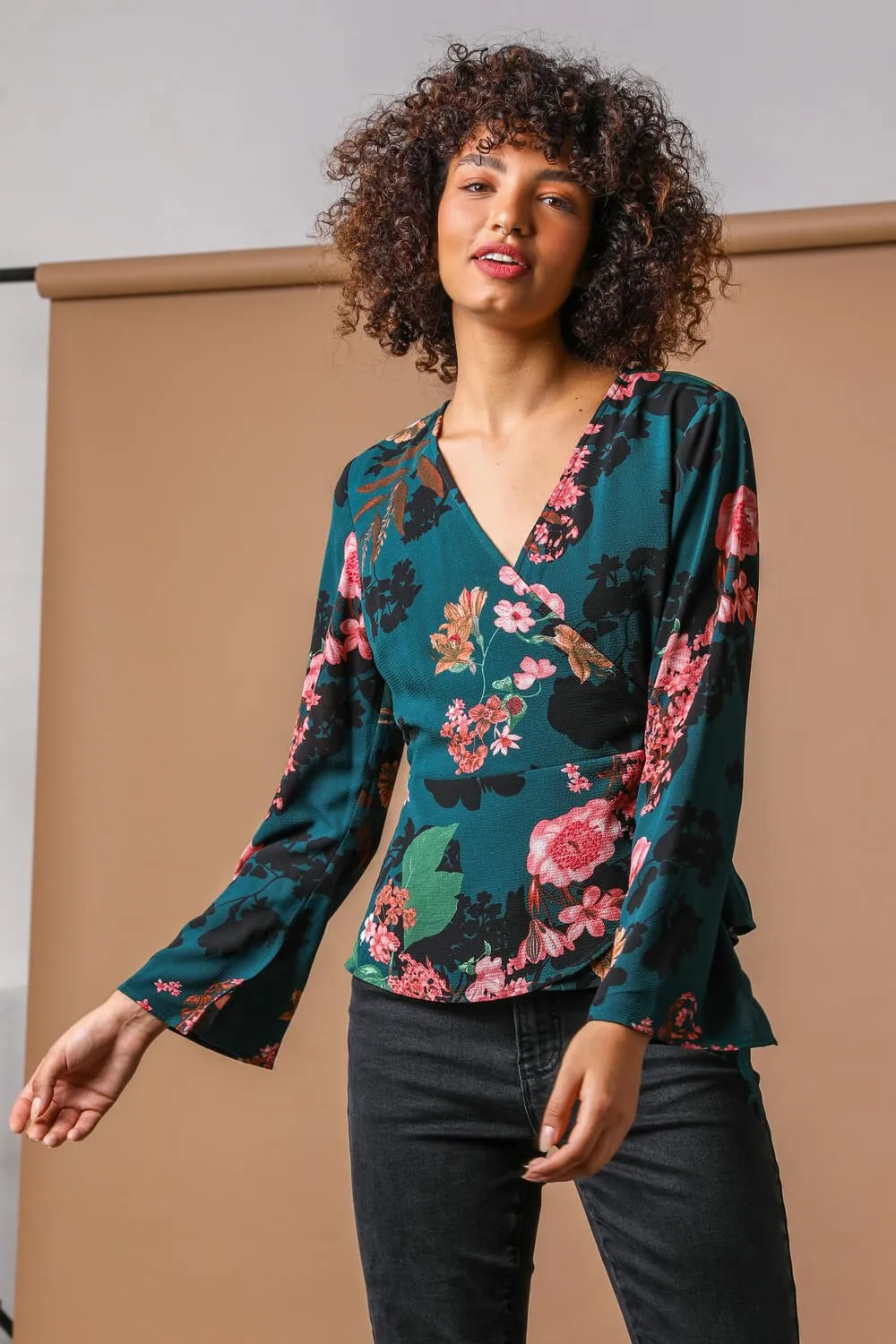 Teal Floral Print Wrap Tie Top | Roman UK