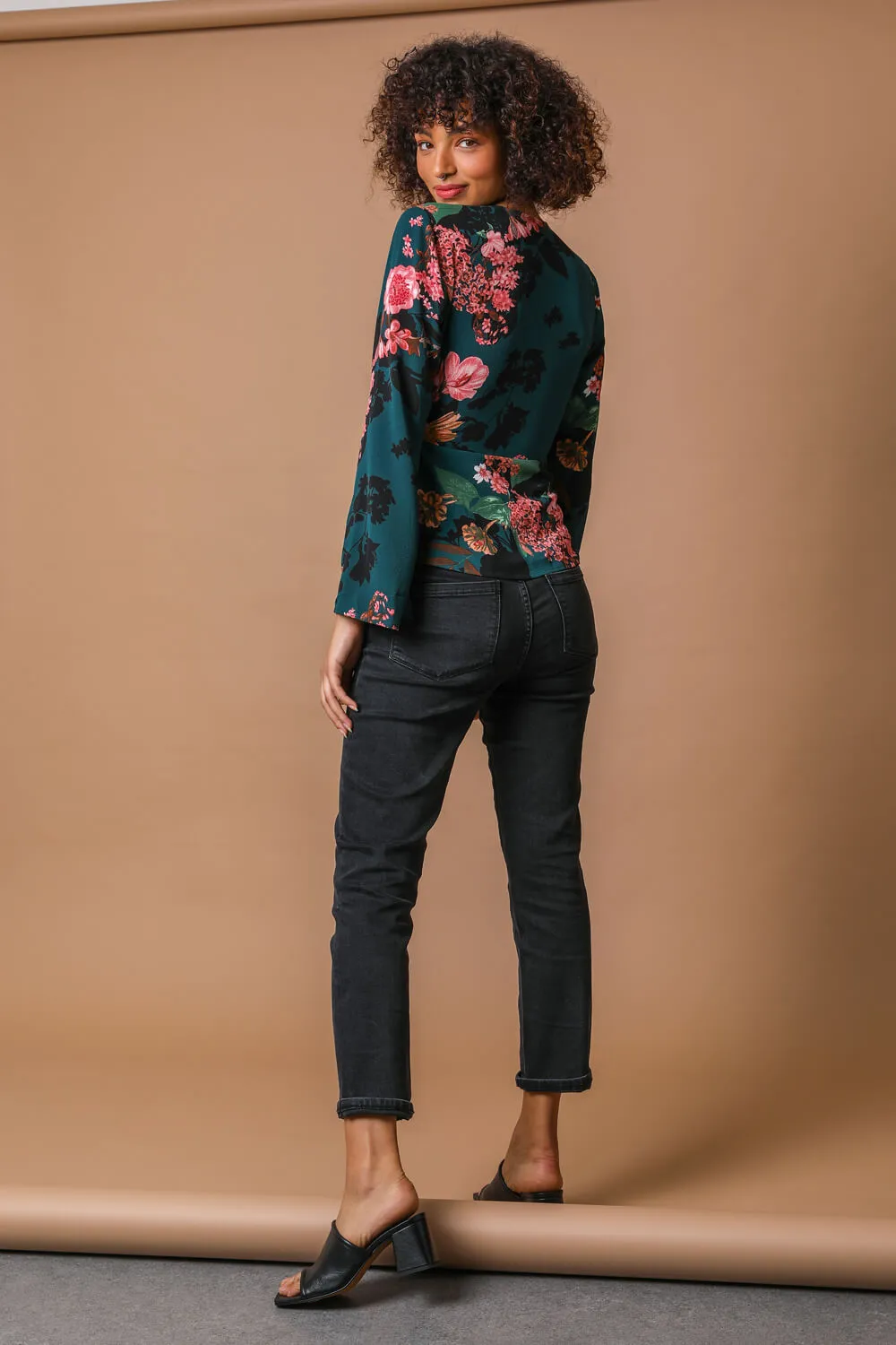 Teal Floral Print Wrap Tie Top | Roman UK