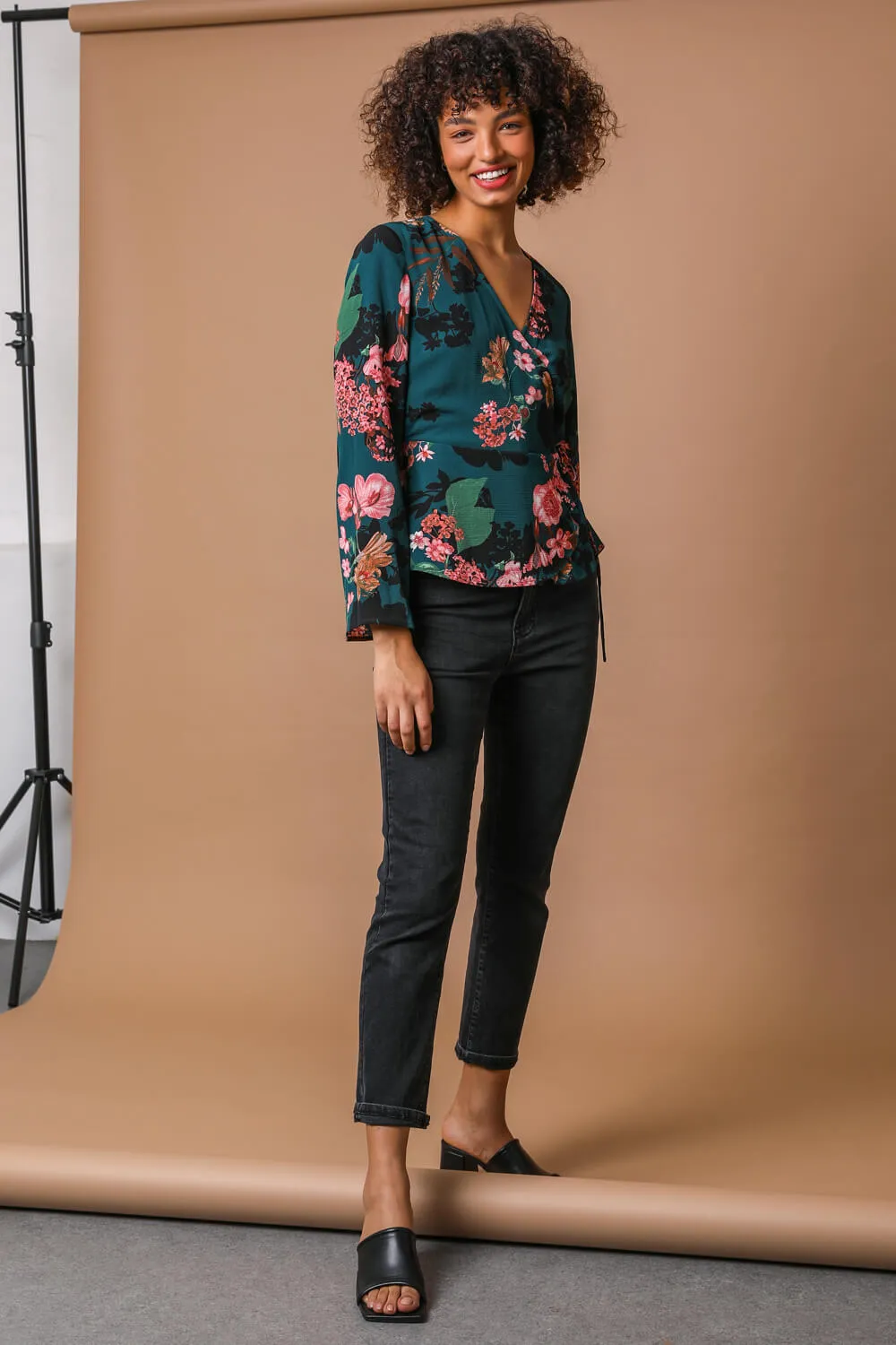 Teal Floral Print Wrap Tie Top | Roman UK