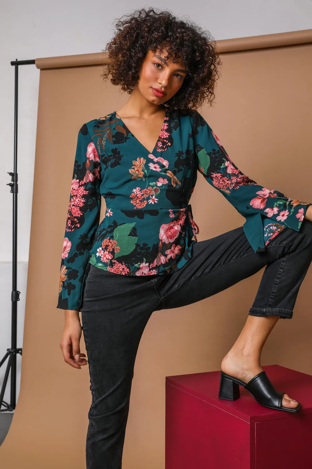 Teal Floral Print Wrap Tie Top | Roman UK