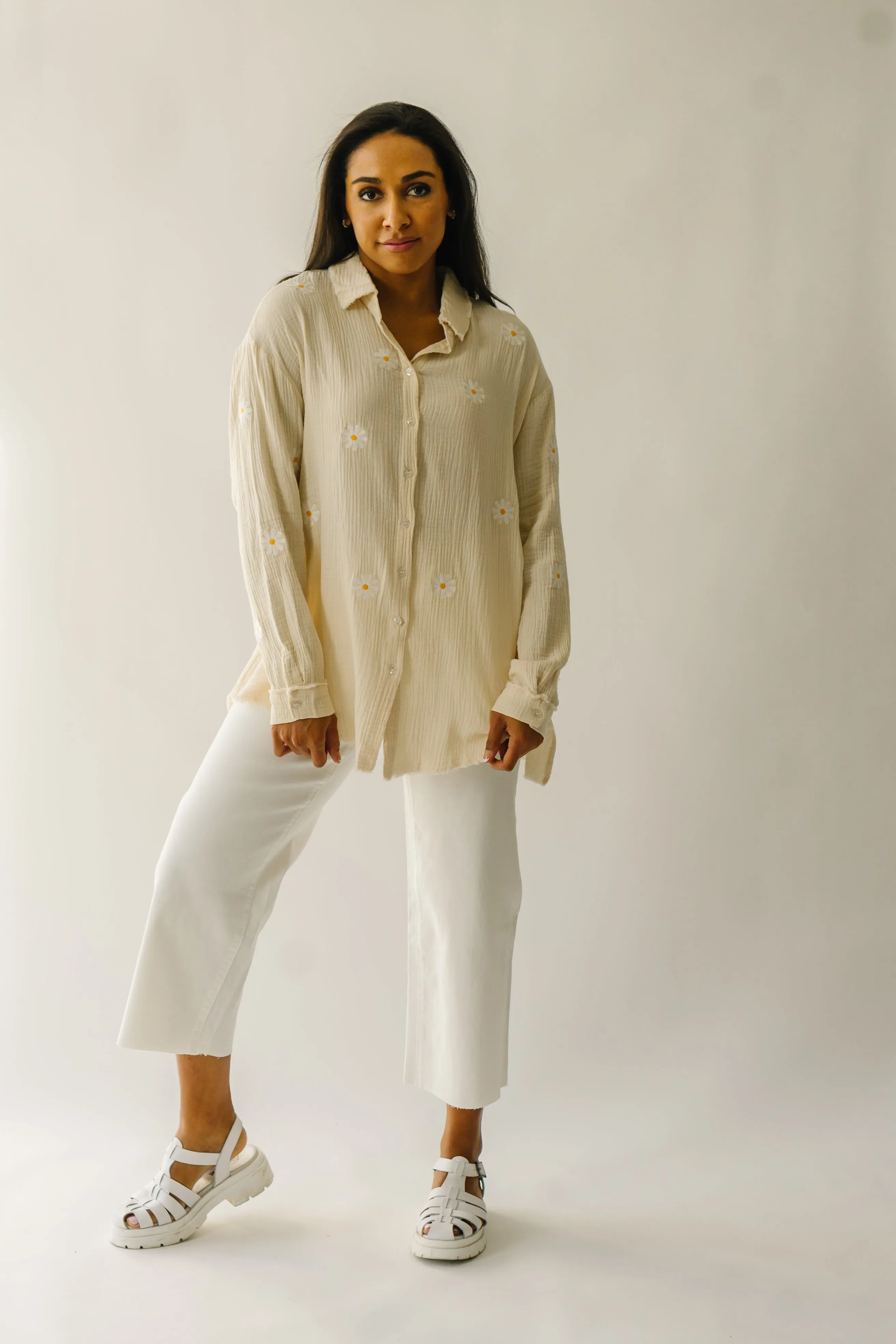 The Baytown Daisy Embroidered Blouse in Taupe