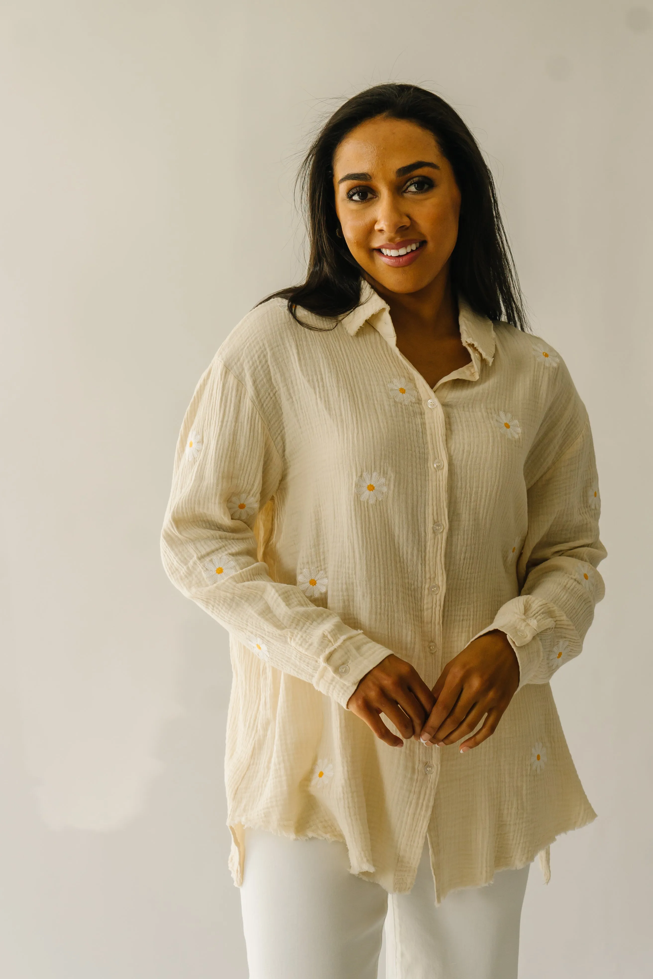 The Baytown Daisy Embroidered Blouse in Taupe