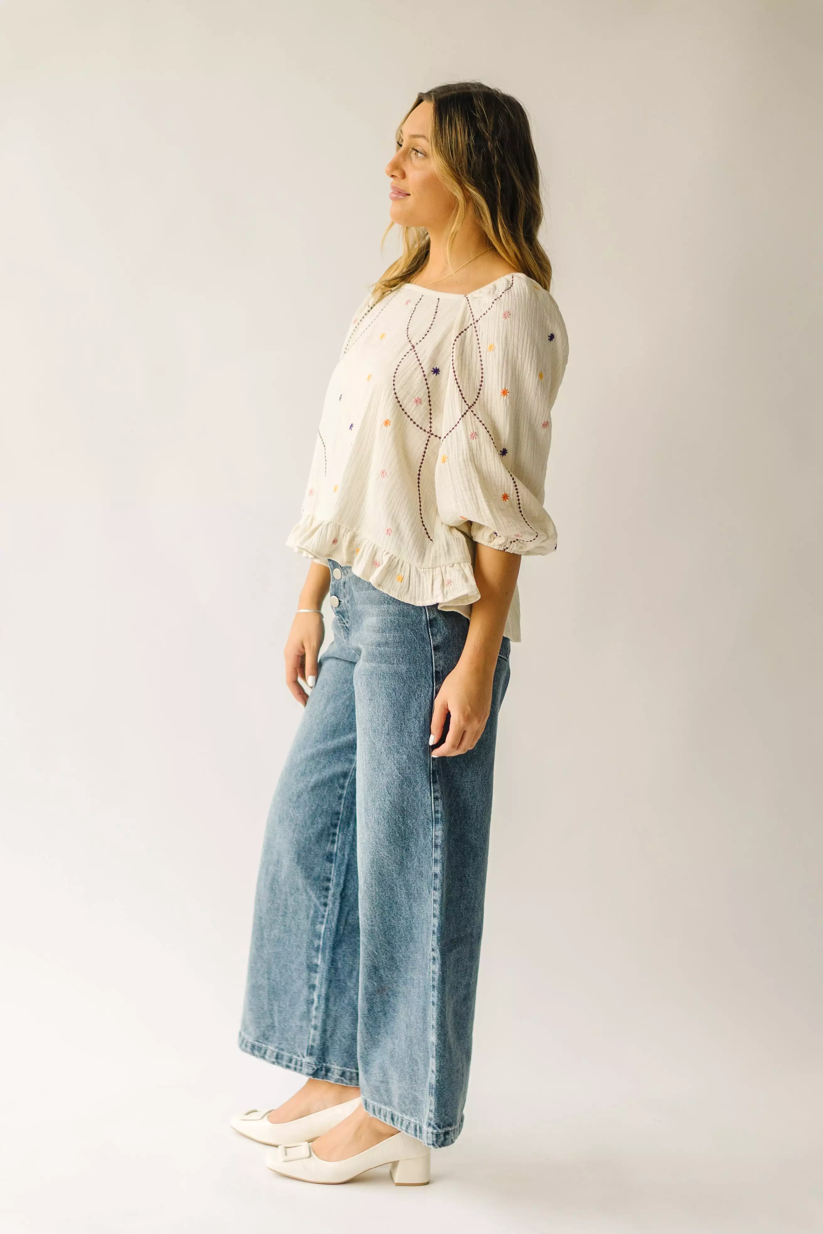 The Benza Embroidered Dot Blouse in Cream