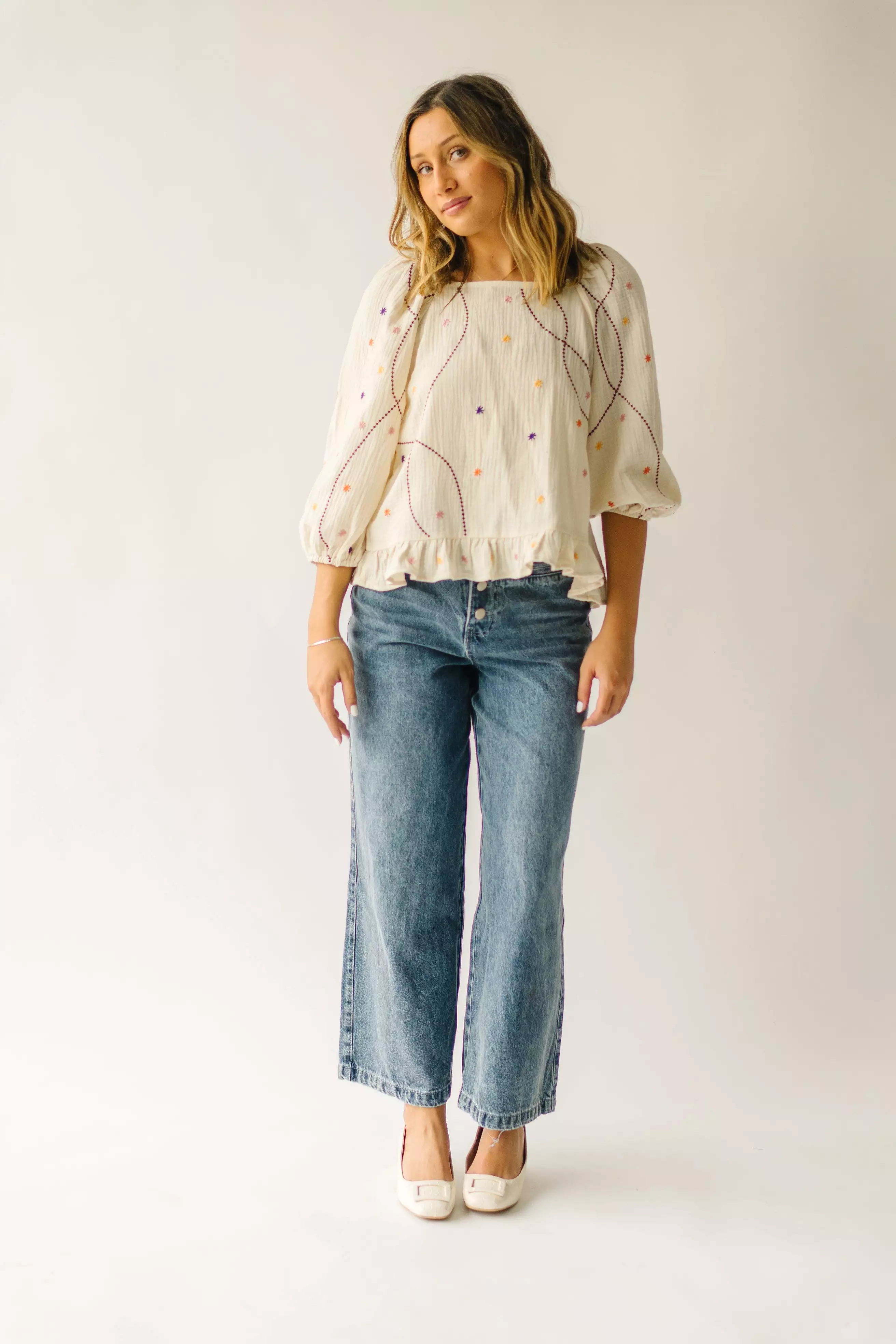 The Benza Embroidered Dot Blouse in Cream