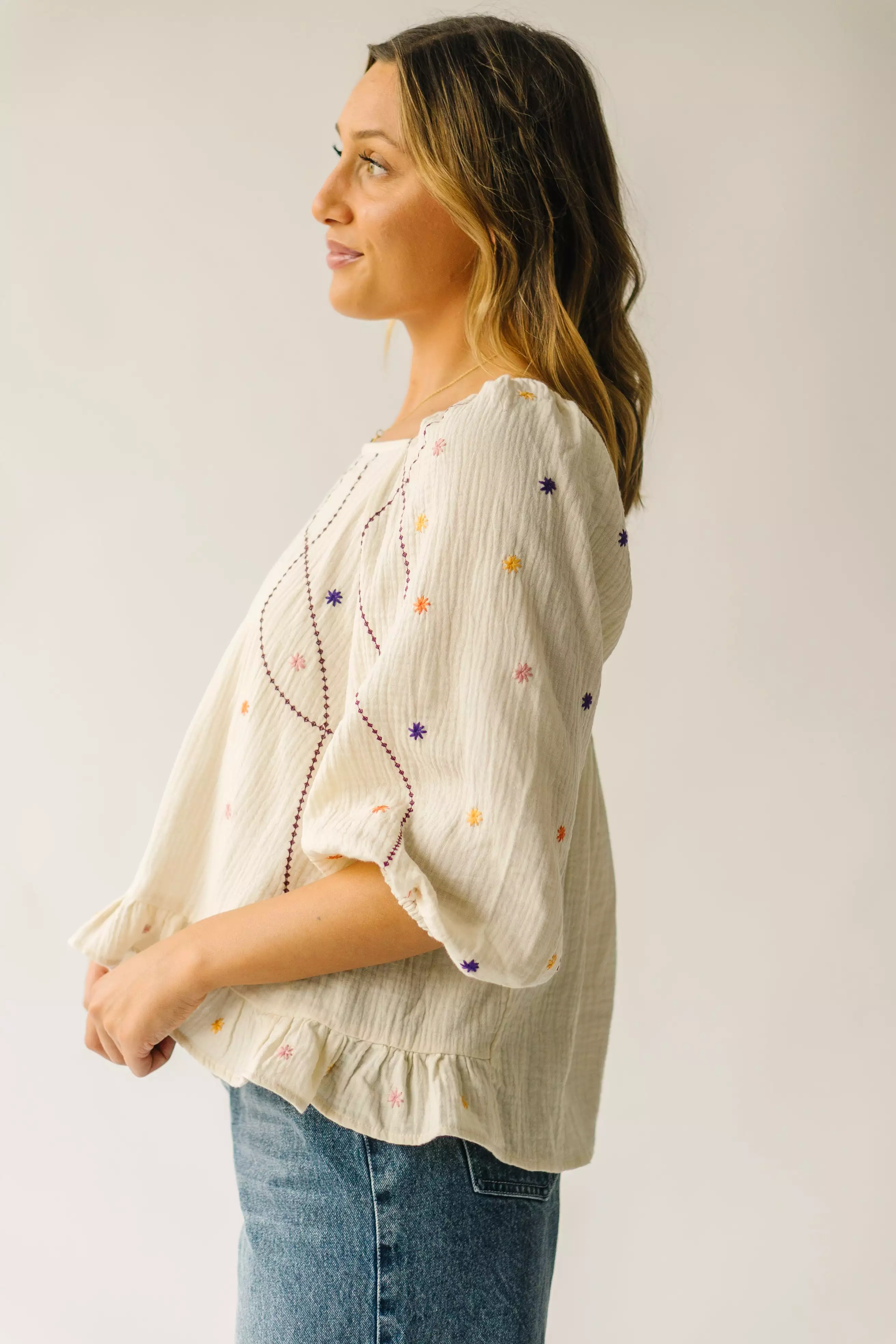 The Benza Embroidered Dot Blouse in Cream