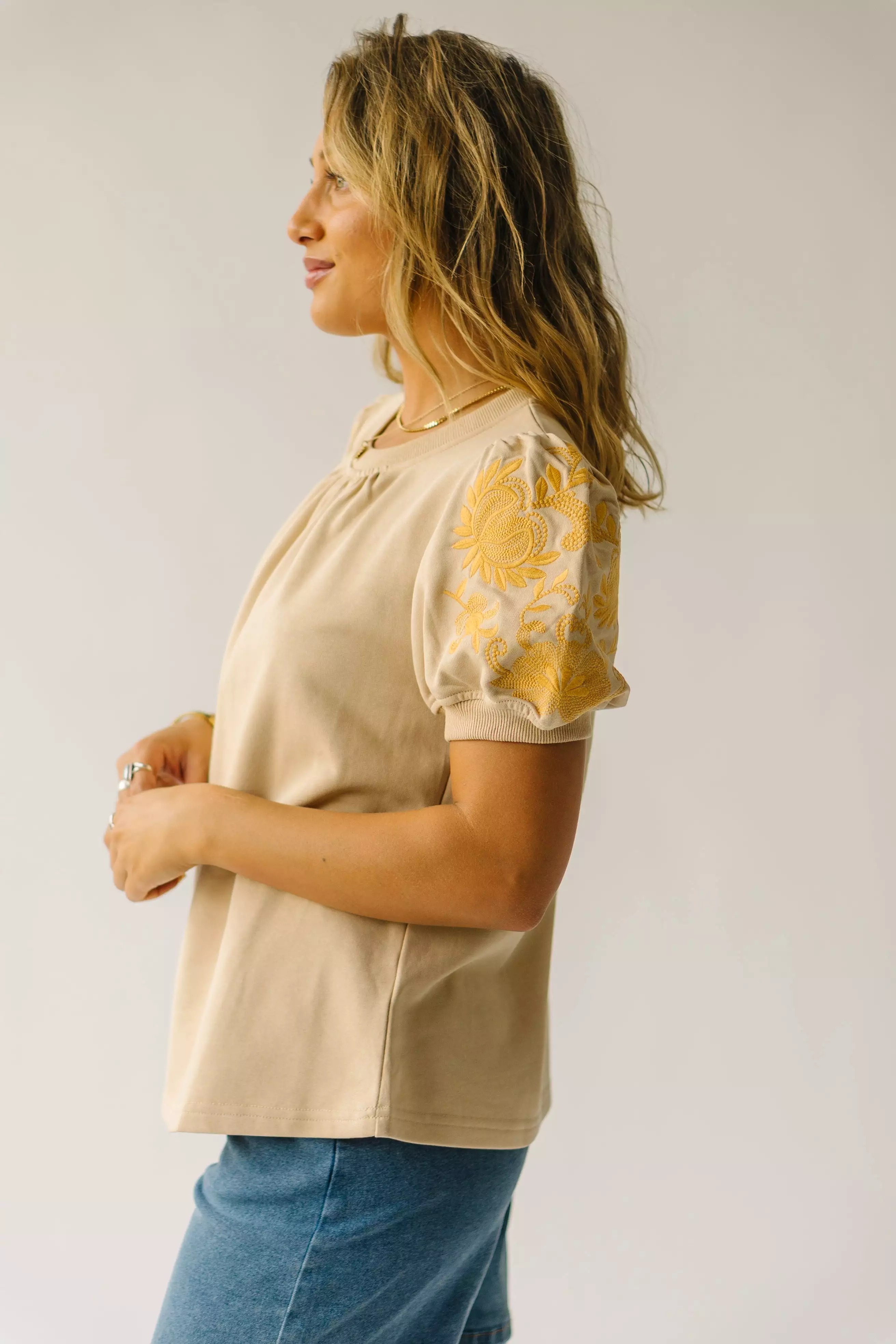 The Fallston Embroidered Blouse in Taupe