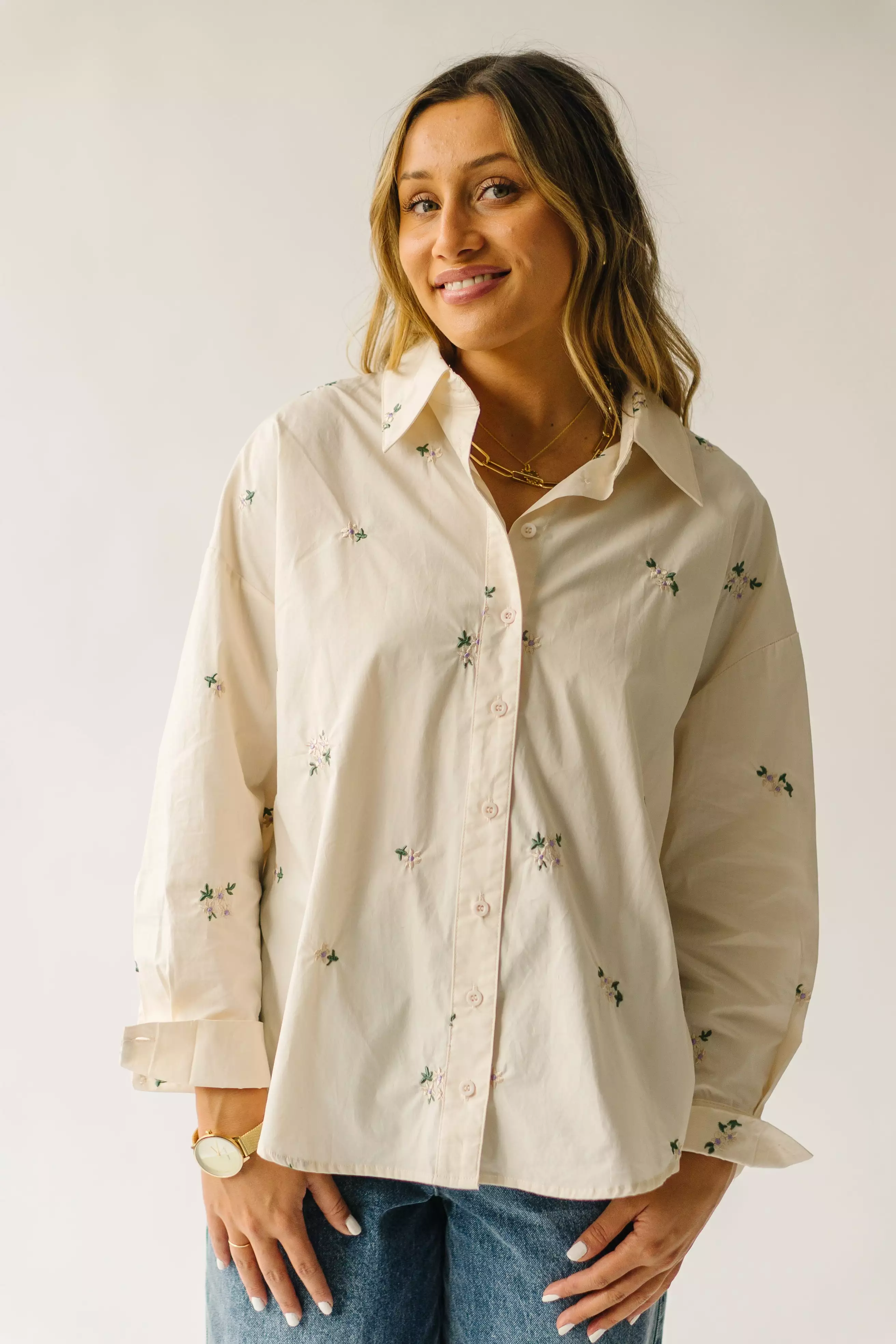 The Holloman Embroidered Poplin Blouse in Cream