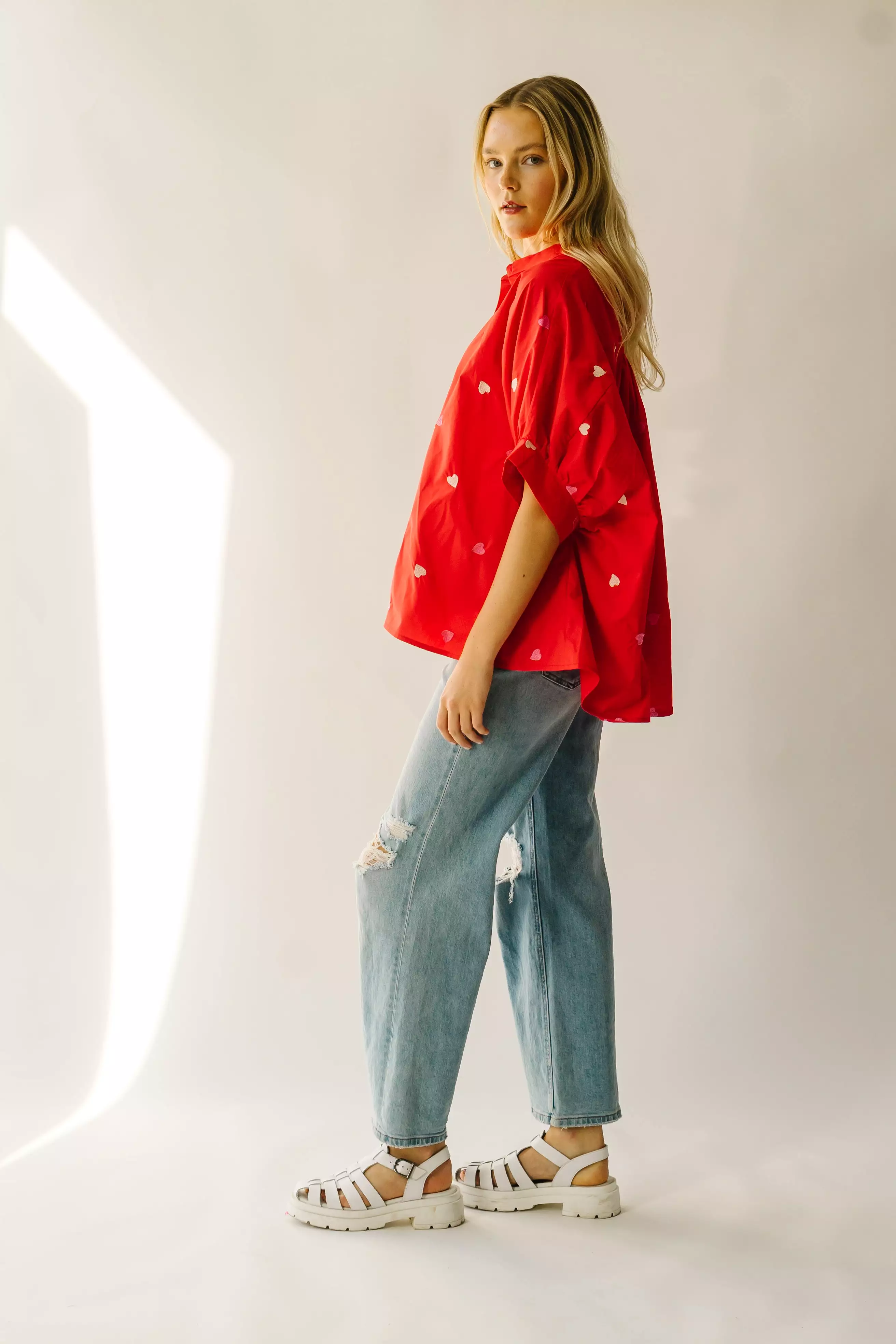 The Patoka Heart Embroidered Poplin Blouse in Red