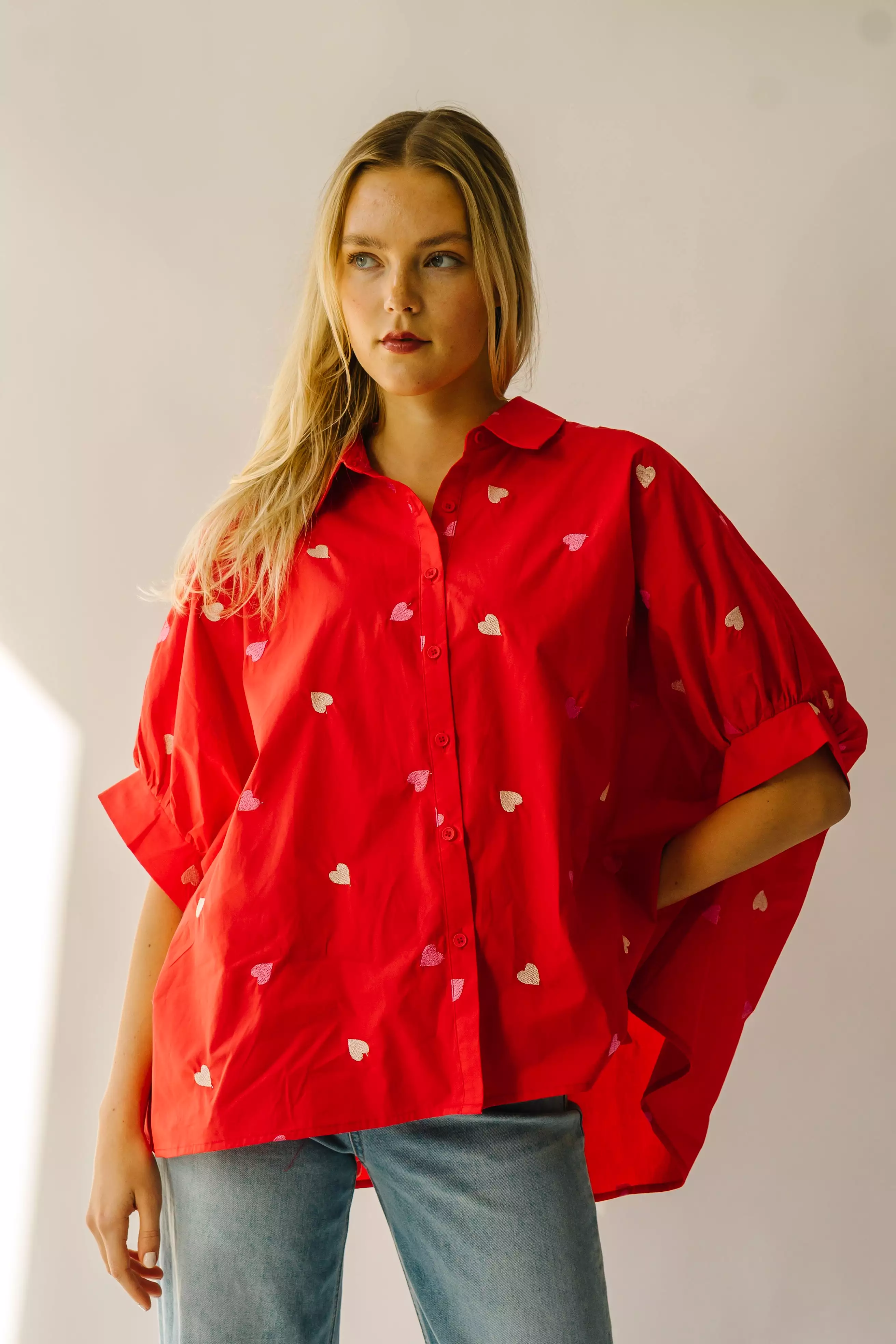 The Patoka Heart Embroidered Poplin Blouse in Red