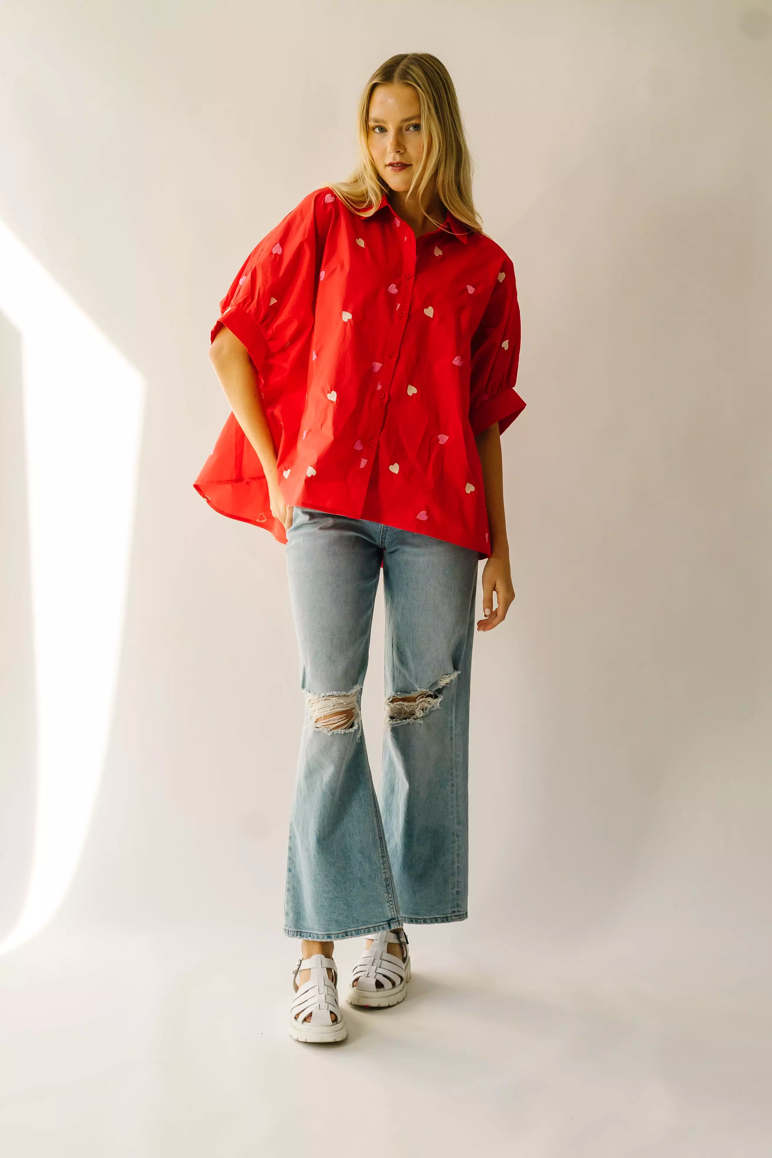 The Patoka Heart Embroidered Poplin Blouse in Red