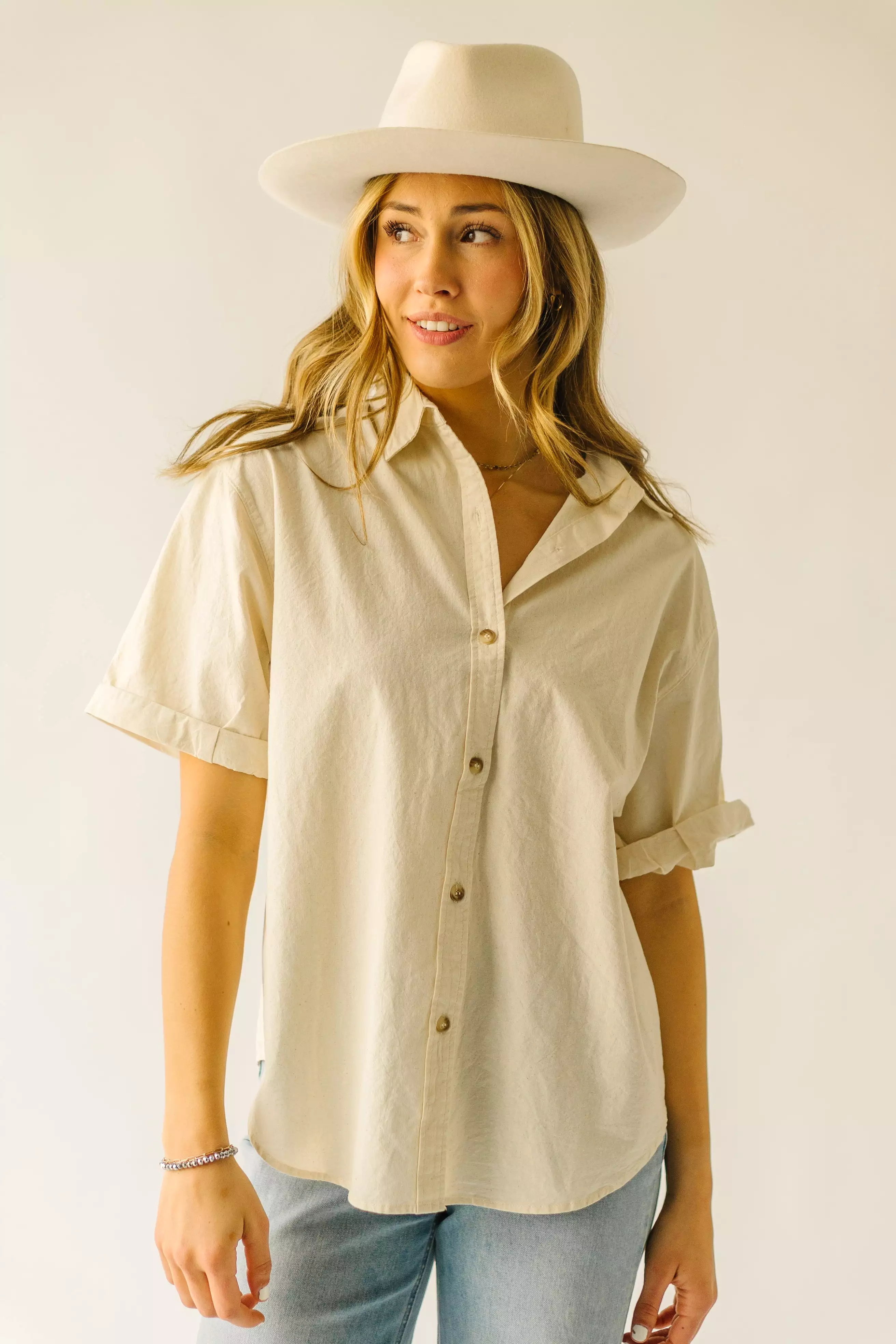 The Rosner Cuff Sleeved Button-Up Blouse in Natural