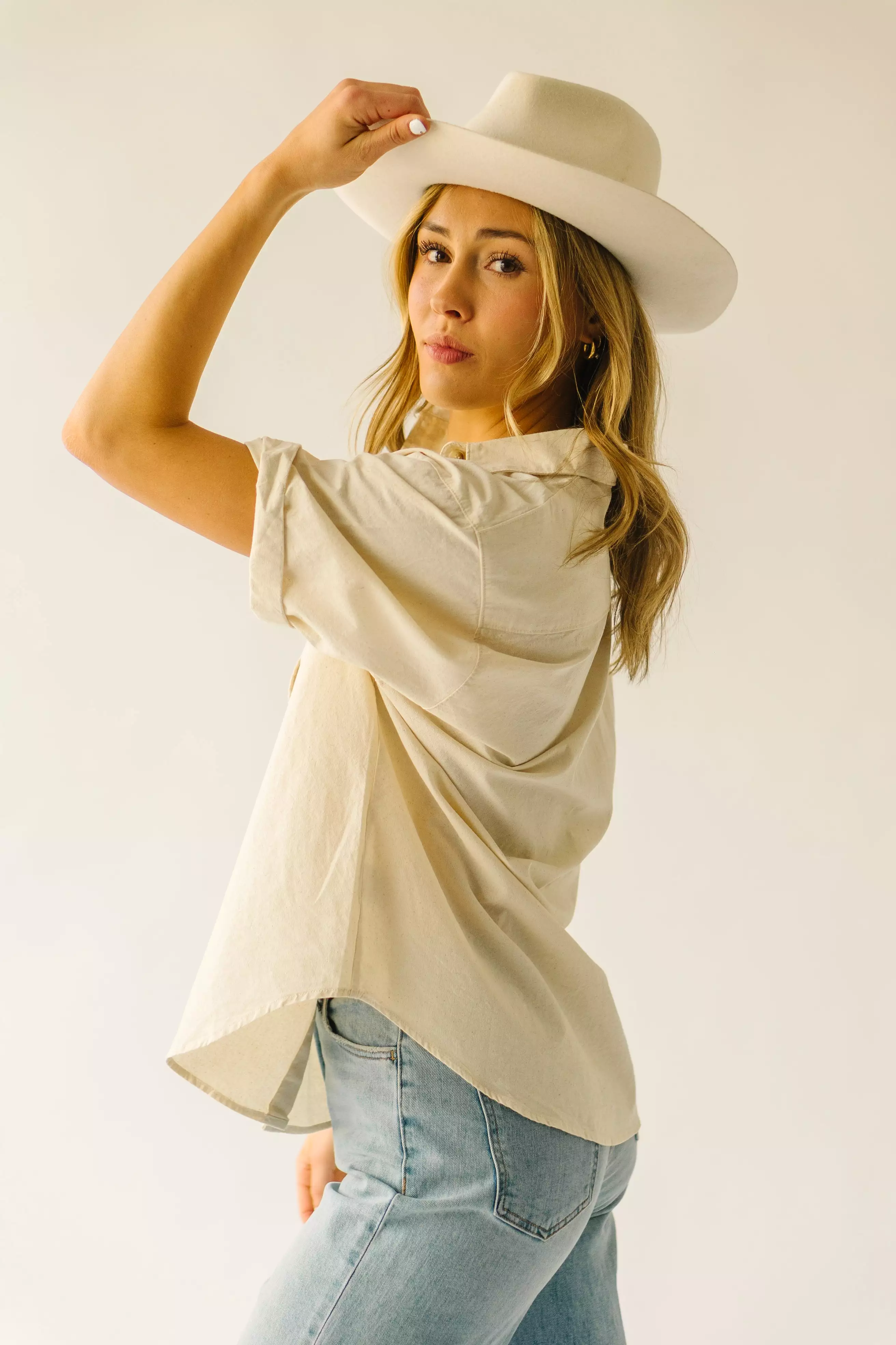 The Rosner Cuff Sleeved Button-Up Blouse in Natural