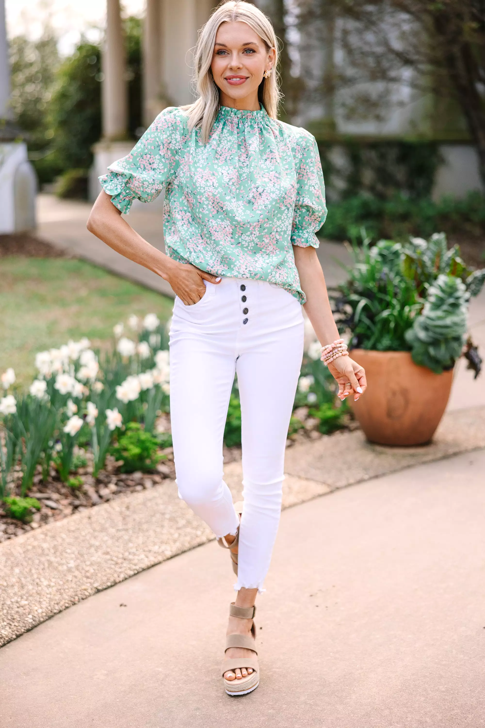 This Is The Time Green Ditsy Floral Blouse