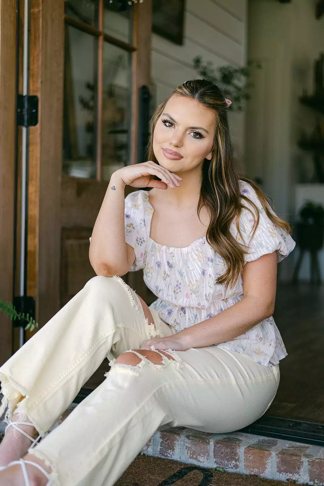 White Floral Tie Back Blouse