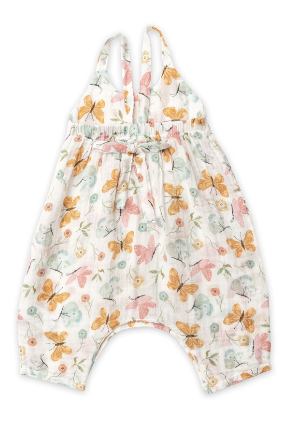 White pretty butterflies muslin tie back romper