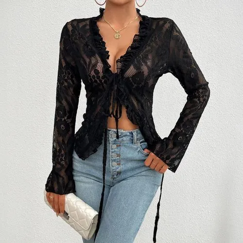 Women's Coat Long Sleeve T-Shirts Lace Casual Sexy Lace