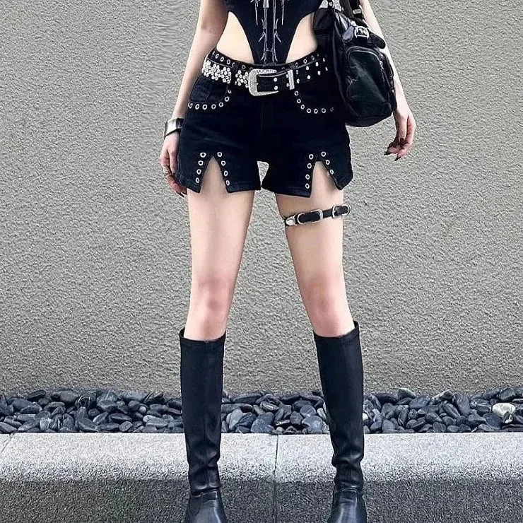 Women's Sexy Punk Goth Style Low Waisted Thin Slit Denim Shorts