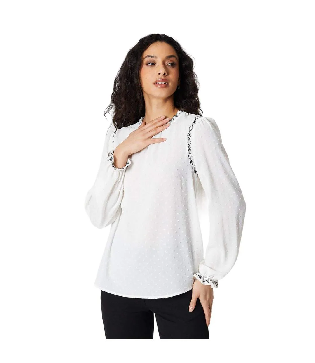 Womens/ladies embroidered ruffle neck blouse ivory Principles